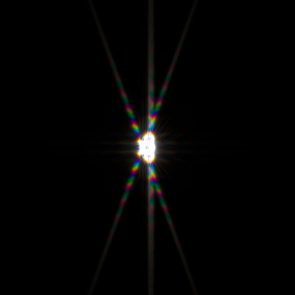True color Bahtinov diffraction pattern showing characteristic misalignment when defocused